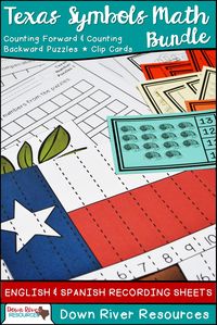 Celebrate Texas with math centers for kindergarten and first grades using numbers 1-20 and Texas symbols. Counting forward and backward number puzzles + counting clip cards included. | Texas Unit | Texas Our Texas | Texas Symbols | Kindergarten Texas Unit |