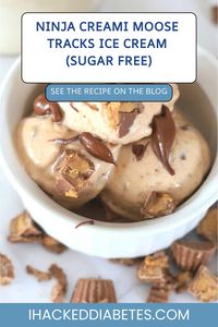 Sugar Free Ninja Creami Moose Tracks Ice Cream recipe! Packed with rich, chocolatey goodness and swirled with sugar free peanut butter cups.