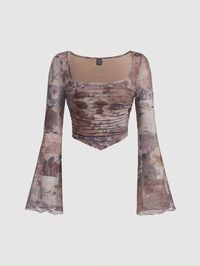 Plus Size Asymmetrical Hem Square Neck Full-Body Printed Long Sleeve T-Shirt Multicolor Casual  Long Sleeve Knitted Fabric Floral,Tie Dye  Medium Stretch  Women Plus Clothing, size features are:Bust: ,Length: ,Sleeve Length: