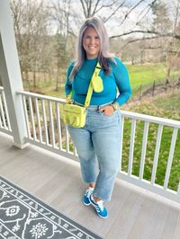 Click Photo to Shop!  Blue, blue shirt, bodysuit, cropped jeans, light wash denim, adidas, gazelles, blue sneakers, sneakers, crossbody bag, lime green, green, green bag, mesh, holes midsize, curvy, outfit, idea, inspo, inspiration, outfit of the day, ootd, midsize ootd, curvy ootd, midsize outfit, curvy outfit, size 12, size 14, size 16, size18