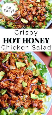 Sweet honey with spicy cayenne pepper, let me introduce you to my crispy hot honey chicken salad. It’s my favorite, favorite, favorite salad inspired by my love of sweet and spicy flavors, crispy chicken, and super easy and nourishing high-protein meals. I have made this chicken salad no less than 10 times in the last month and I already can’t wait to make it again!