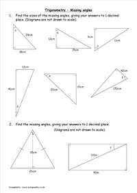 Find the missing angles in this free maths trigonometry worksheet.