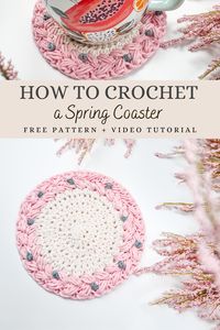 Need a last-minute housewarming or Mother's Day gift?  This cute Spring Wreath Coaster is perfect! And it works up in no time.  The free pattern includes instructions for both a crochet coaster and an ornament (plus a video tutorial to guide you through the important steps). #freepattern #crochet #wreathcoaster #spring #housewarming