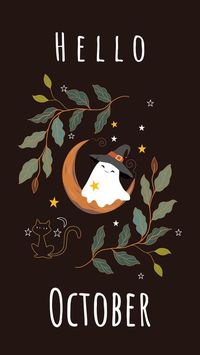 The Halloween template or wallpaper, the cute ghost sheet who wears a black witch hat, black cat and autumn colorful leaves., leaves, #colorful, #autumn, #Ad