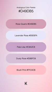 Analogous Color Palette Rose Quartz #D49DB5 · Lavender Rose #E6E6FA · Pale Lilac #C8A2C8 · Dusty Rose #D8BFD8 · Blush Pink #FFC0CB · A soft yet vibrant whisper of rose quartz, #d49db5 embodies a gentle warmth and delicate luminance. ·  #BlushRose #Color #ColorPalette #DelicateMauve #Hex #PaleLilac #RoseQuartz #SoftPink · Kid’s Pattern