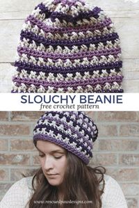 Make this easy Crochet Slouchy Beanie Today! The Free slouchy crochet beanie pattern is available from Rescued Paw Designs! #crochetbeanie #crochetslouch www.rescuedpawdesigns.com