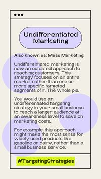 The undifferntiated targeting strategy is also known as mass marketing. This is where no specific segment from the segmentation phase is targeted, but rather the market as a whole. (The whole pie!🥧) #marketing #smallbusiness #targeting