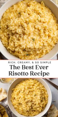 This is the BEST risotto recipe ever, and it's my most requested dish from family and friends. Rich and creamy, it reminds me of the risotto we've eaten in Italy but made easily in your very own kitchen. With plenty of freshly grated parmesan, a pinch of saffron if you have it, and enriched with some dry white wine, this risotto is the perfect accompaniment to chicken, salmon, or shrimp, or as a standalone dish to wow!