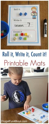 Printable Roll it, Write it, Count it Mats for Kindergarten! Could use three dice to work on teen numbers.