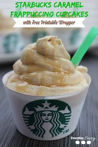 Starbucks Caramel Frappuccino Cupcakes - Looking for a fun and yummy coffee cupcake recipe? Then check out these Starbucks Caramel Frappuccino Cupcakes. They are easy to make with  a boxed cake mix and Starbucks Via Coffee.  Plus they include a FREE printable cupcake wrapper.