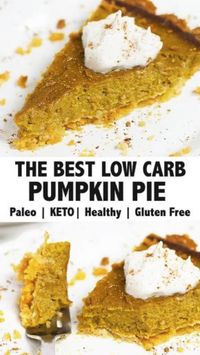 1hr · 8 servings

 

This low carb pumpkin pie recipe is gluten free, grain free, and Keto friendly! It’s super delicious and full of flavor!! 

Print the full recipe on my blog (link in profile)!

Ingredients:
 • For the Crust:
 • 2 Eggs
 • 1/3 C. Grass-fed Ghee or Butter (softened (can also use coconut oil))
 • 1 C. Almond Flour
 • 1 Tbsp Powdered Sweetener (I used Birch Xylitol (see notes below))
 • Pinch of Sea Salt or Himalayan Rock Salt
 • For the Pumpkin Pie Filling:
 • 2 Eggs
 • 15 oz Organic Pumpkin Puree
 • 1 C. Full-Fat Coconut Milk from the can
 • 1/3 C. Granulated Sweetener (you can use any type of sweetener for this, pure cane sugar, monk fruit, xylitol, etc.)
 • 1 Tbsp Pumpkin Pie Spice (can add more, if desired)
 • 1/2 tsp Vanilla Extract
 • Pinch of Sea Salt or Himalayan R