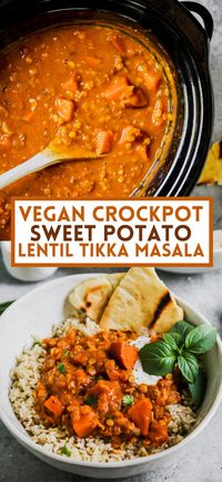 Slow cooker sweet potato and red lentil tikka masala delivers big flavor with little work. Enjoy this vegan, one-dish wonder over rice with warm pita to fend off winter chill on any hectic weeknight. #crockpotrecipes #slowcookerrecipes #tikkamasala #vegantikkamasala #crockpotlentilrecipes via @https://www.pinterest.com/jamievespa/