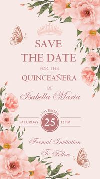 Introducing our stunning Quinceañera Save The Date Invitation in a delightful Pink Floral theme! This animated digital video invite is the perfect way to announce and celebrate your special day with style and elegance.   Whether you're organizing your own Quinceañera or planning it for a loved one, this invitation is sure to impress your guests and set the stage for an unforgettable event.