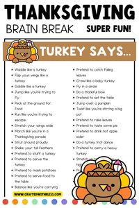 Get kids moving and laughing with the Turkey Says Movement Game! Perfect for classrooms, Thanksgiving parties, or family gatherings, this game is similar to “Simon Says” with a festive twist. Kids follow commands like “Turkey says flap your wings��” or “Turkey says waddle like a turkey,” promoting active play and holiday cheer. This easy-to-play game is ideal for adding excitement and energy to your Thanksgiving celebration!