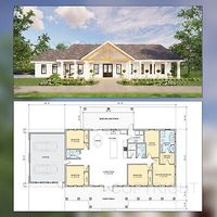 Cedar Springs Barndominium House Plan Design - 4 Bed 3 Bath - Double Garage - Drawings Blueprints. Gross heated living: +/- 2100 sf. Custom floor plan concept design, design drawings, PDF format. This modern thoughtfully designed open concept plan has 4 bedrooms, 3 Baths, and laundry room.