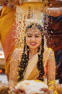 Indian Bridal Haldi Ceremony, Bridal Haldi , Indian Haldi Inspo, Yellow Haldi Designer Outfit, Floral Haldi Decor