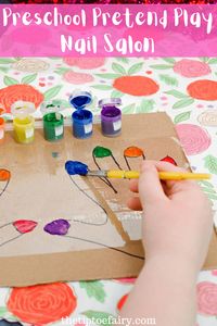 Keep your kids entertained with this pretend play nail salon! All you need is a box, some clear tape, markers, and washable paint!