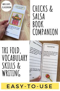 Need an engaging book for literacy lessons? Chicks and Salsa by Aaron Reynolds is such a fun story. This resource features a tri fold focused on comprehension, vocabulary activity, vocabulary mini book, and a writing activity. #readaloudbooks #literacyactivities #secondgrade #thirdgrade #mrscapsclassroom