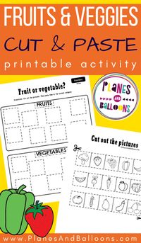 Sorting worksheets for preschool FREE printable - fruits and vegetables cut and paste worksheets. #prek #preschool #planesandballoons