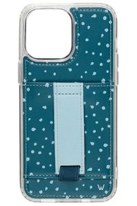 Case Design: Blue with light blue irregular dots Finger Strap Color: Solid light blue Case Features:- Comfortable finger loop that can be used with either hand- Wallet pouch that is designed to fit 2 cards (as it breaks in, more cards can be added)- Adjustable kickstand to prop up your phone- Vegan leather material- Shock-absorbing inner pad U.S. Patent No. D946,562