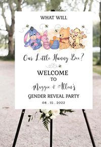 This is an editable welcome to gender reveal party sign template featuring Winnie the Pooh and friends!   Click on the link below to view our matching items. Matching Items: https://www.etsy.com/shop/SavageSensations?ref=simple-shop-header-name&listing_id=1020380910&search_query=hp This is an editable Invitation template using Corjl.com - It is easy to use, you will receive an email after your purchase in which you may edit your card. We do not edit for you. Easily edit the template using corjl.