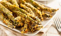 These garlic and 'Parmesan'-crusted asparagus spears make a tasty side dish, snack, or party appetizer. Easy and elegant!