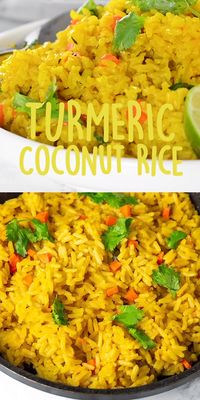 Enjoy this delicious and healthy Turmeric Coconut Rice for your next meal. Brown rice simmered in seasoned coconut milk with onion, garlic, and thyme. #coconutrice #rice #turmeric