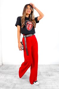 Big Ambitions - Red Wide Leg Trousers - 14 You've got the big ambitions, we've got the trousers so that you can achieve them in style. Fresh from your wish list and into your basket, these statement red wide leg trousers feature that iconic palazzo pants style; fitted at the waist and flowing into a flattering wide trouser. Team with a graphic tee and matching red lip to give your coffee date wardrobe a chic new lease of life.  FEATURES:- Elasticated waistband- Wide leg- Zip back fastening- Dart