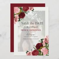 Rustic burgundy and blush pink floral wedding Save the Date cards with your photo and information. Your photo is filtered to fade it for overlaid text. Contact us for help with customization or to request matching products. #ZAZZLEMADE