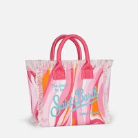 Multicolor canvas fringed handbag with waves all over print Saint Barth logo Inner flap with metal zip Inside pocket with zip Sizes: 26 x 14 x 23 cm Composition: 100% cotton | MC2 Saint Barth Women's Colette Multicolor Cotton Canvas Handbag With Wave Print in Pink | SS18