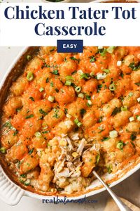 This Chicken Tater Tot Casserole recipe is ready in less than an hour and is the perfect comfort food for any day of the week. Plus, it's budget-friendly, can be prepped in advance to bake later, and leftovers freeze really well. It's easy to make, delicious, and a hit with both kids and adults. It's simple, using common pantry items, plus frozen tater tots and frozen veggies for extra convenience. It bakes in one dish, so cleanup is as easy as possible.