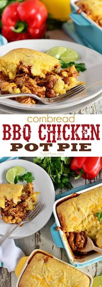 Delicious Cornbread BBQ Chicken Pot Pie. Grill chicken indoors for a taste of summer in the winter!! So good and easy! Recipe at TidyMom.net