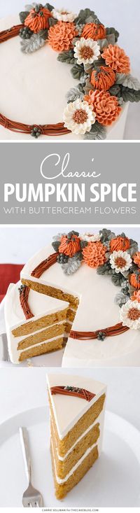 Pumpkin Spice Cake - moist pumpkin cake with cinnamon, ginger and nutmeg paired with pumpkin spice buttercream frosting | by Carrie Sellman for TheCakeBlog.com