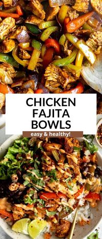 These easy chicken fajita burrito bowls are easy to make, healthy and gluten free! These burrito bowls are loaded with fajita chicken, veggies, black beans, cilantro lime rice and perfect for a family favorite dinner. Ready in 30 minutes!