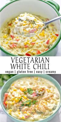 This vegetarian White Chili recipe is made with vegan cream cheese, super easy and seriously creamy. No need for chicken whatsoever! A stunning plant-based chili that will also work perfectly in a crockpot or instant pot. #vegan #dairyfree #vegetarian #chili #mexican #easyfood #glutenfree #dinner #lunch #onepotmeals #mealprep #crockpot #worklunchideas #contentednesscooking