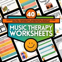 Music Therapy Worksheets for Therapists based on Creative Interventions, Expressive Therapeutic Arts Therapy. Perfect for boosting moods, ASD, BPD, anxiety, depression, and more! 40 Music Therapy worksheets for music therapists, psychologists, social workers, and anyone looking for musical therapeutic interventions. Music therapy is a therapeutic approach that utilizes music and sound to address various emotional, cognitive, and social needs. Music therapy is used for managing stress, reducing a