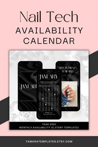 Tired of scrambling to let clients know your open slots in your monthly schedule? This 2025 Instagram story calendar template, is here to save the day! 

Designed with a luxury black and white aesthetic, this monthly appointment schedule, booking template is perfect as a nail tech calendar, for hair braiders, book lash appointments, or any other beauty business.

Fully editable in Canva—no tech skills required! Elevate your brand’s presence on social media while keeping your weekly availability full.

Download this editable template and make it your own today!