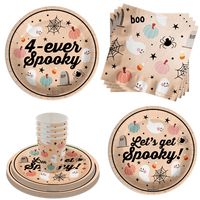 Get ready for a spooktacular birthday party with our Four Ever Spooky tableware set! This 64-piece kit includes large 9" paper plates, dessert plates, cups, and napkins for a party of 16. Perfect for any 4th birthday celebration, it's sure to make your little one's special day extra fun and festive! Color: Multicolor.