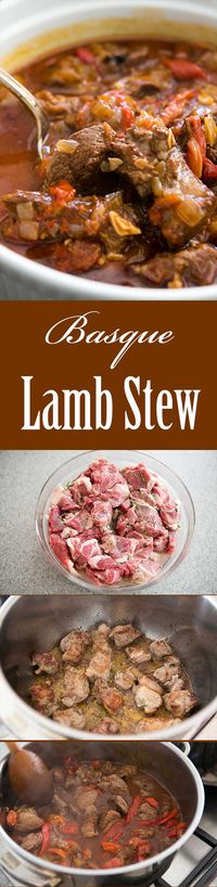 Basque Lamb Stew ~ Marinated, slow-cooked, lamb stew with lamb shoulder, garlic, rosemary, onion, paprika, roasted bell peppers, tomato, parsley, red wine, and chicken stock. ~ SimplyRecipes.com