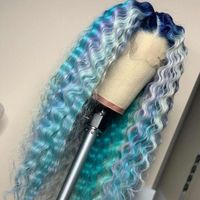 Lace Front Wig Virgin Human Hair Blue Highlight 150%Density 22"