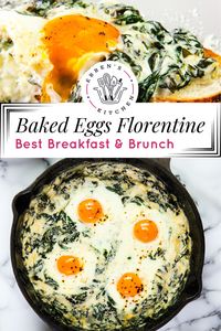 A delicious twist on a classic brunch or breakfast favorite! Fresh spinach cooked in a creamy garlic and Parmesan sauce, topped with eggs and baked to perfection. Get ready to wow your guests with this baked Eggs Florentine recipe! See errenskitchen.com for more easy, delicious, and even quick recipes! Looking for busy weeknight dinner meals too? This is your place!