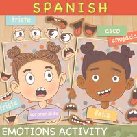 Spanish emotions activity for kids. Use this toddler activity to increase interaction with children in homeschool learning. This resource has two different skin tones. Print out the skin tone that you require. The aim of these printable resources is to teach children to recognize facial expressions and talk about their feelings. It is excellent for children on the autistic spectrum. This resource allows children to experiment and make different faces. It aids communication skills. THIS IS A DIGI