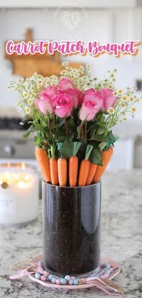 Make this pretty Carrot Patch Bouquet for Easter! Fresh flowers sit inside of a hidden vase surrounded by carrots nestled in soil. This unique flower bouquet can be used all spring long! It's a great centerpiece for your dining room table or to add to your Easter decor in the living room.