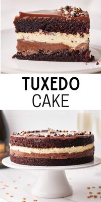 Tuxedo consists of layers of chocolate cake, dark chocolate mousse, white chocolate mousse, more chocolate cake and then chocolate ganache. It is every chocolate lover's dream dessert! A honmemade dupe on the costco cake (but much better!), Tuxedo cake is a showstopping dessert for dessert parties, birthdays, special occasions or holidays. #chocolatemousse #moussecake #desserts #dessertideas #showstopper #chocolatedesserts #triplechocolatemoussecake #costco #copycat #copycatrecipe #costcocopy