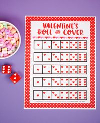 Looking for a fun and easy Valentine's Day game for your classroom, family, church, or playgroup? This Roll & Cover Valentine Game is fun for kids of all ages! Use our free printable valentines game and race to be the first to cover all of the dice with candy hearts!