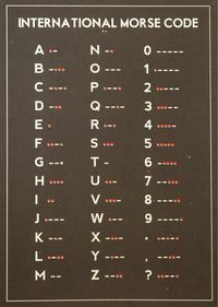 International Morse Code. It's good to memorize or have just in case. Once memorized, it's very easily recalled, even if not used frequently......i learnd most of the alphabet in morse over christmas break, and i havent looked at it for a while, but I can still iuse what I know. like, for example, 'hi' is ----/-- its also a fun way to communicate with friends :)