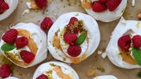 Pistachio Pavlovas with Papaya Curd and Fresh Raspberries