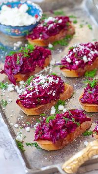 1hr · 10 servings     Get the printable recipe and video tutorial here: https://tatyanaseverydayfood.com/easy-beet-crostini/  4 large beets, red, orange, or yellow  2 tbsp olive oil  salt and pepper  6 large garlic cloves  1 small bundle fresh dill, chopped  1/3 cup mayonnaise  salt and pepper, to taste  1 baguette