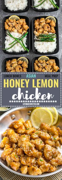 Asian Honey Lemon Chicken - coated in a crispy and crunchy coating and covered in a delicious citrus sweet & tangy sauce that is even better than your local Chinese takeout restaurant! Best of all, it's full of authentic flavors and super easy to make with just 15 minutes of prep time. Skip that takeout menu! This is so much better and healthier! Weekly meal prep or leftovers are great for lunch bowls for work or school. Can be made gluten free & paleo friendly.