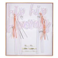 Hip Hip Hooray - three cheers for these cute cake toppers created using clear iridescent acrylic for a special effect. The toppers are embellished with silver and colored twine.   Pack contains 3 cake toppers. Pack size: 6 x 7 x 1 inches.